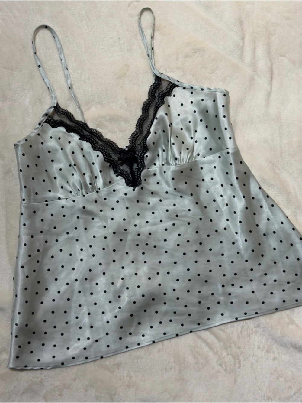 Linea Donatella Mint Satin Polka Dot Camisole with Black Lace